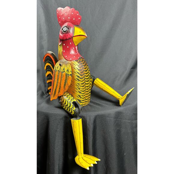 Carved Wood Folk Art Rustic Red & Yellow Painted Jointed Shelf Sitter Rooster - Picture 6 of 10